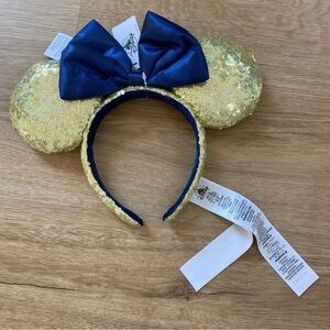 New Disney Minnie Ears Sequin Gold and Navy Blue Bow